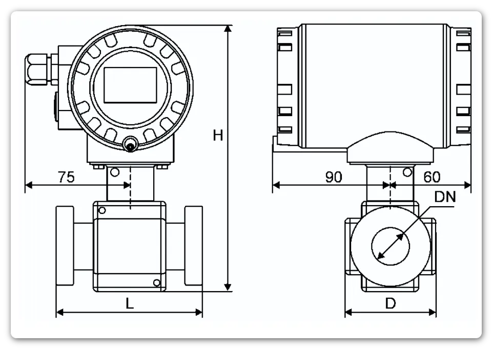 Габаритные размеры расходомера Питерфлоу РС. Исполнение «сэндвич»