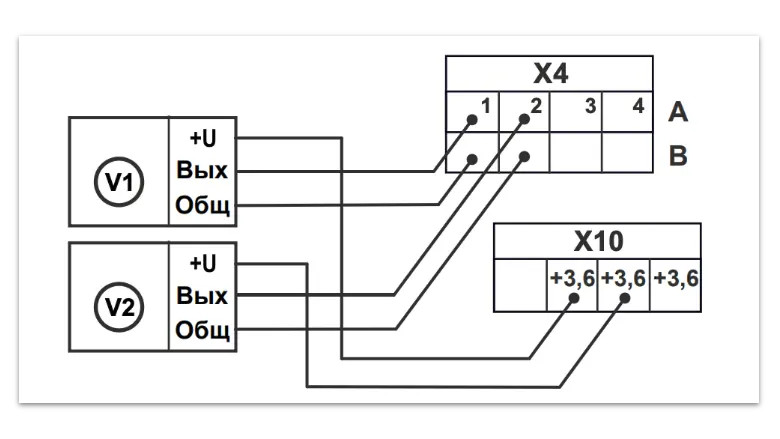 Пример подключения ультразвуковых счетчиков с питанием от тепловычислителя ТВ7 М