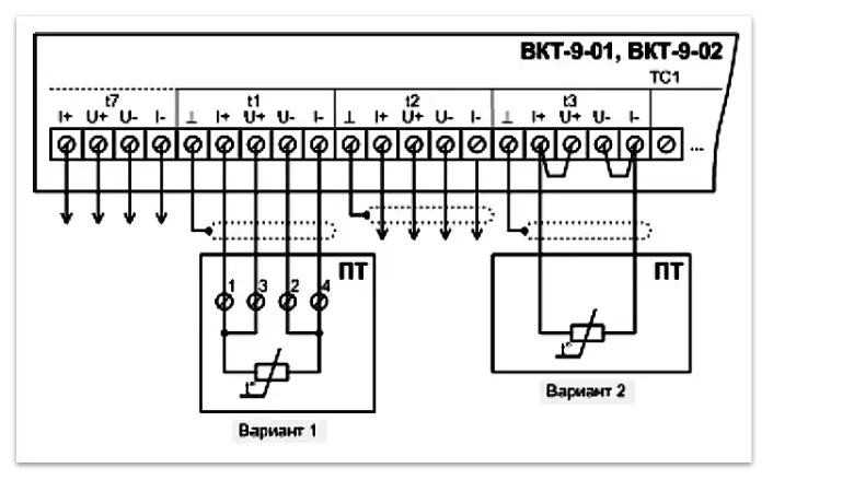 Схема подключения термопреобразователя к тепловычислителю ВКТ-9-01, ВКТ-9-02