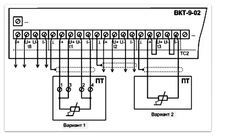 Схема подключения термопреобразователя к тепловычислителю ВКТ-9-02