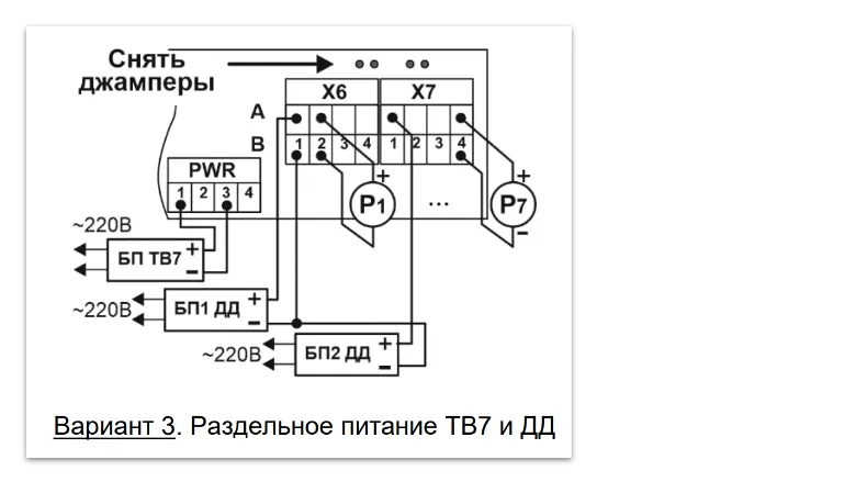 Вариант 3. Схема раздельного питания датчика давления и тепловычислителя ТВ7