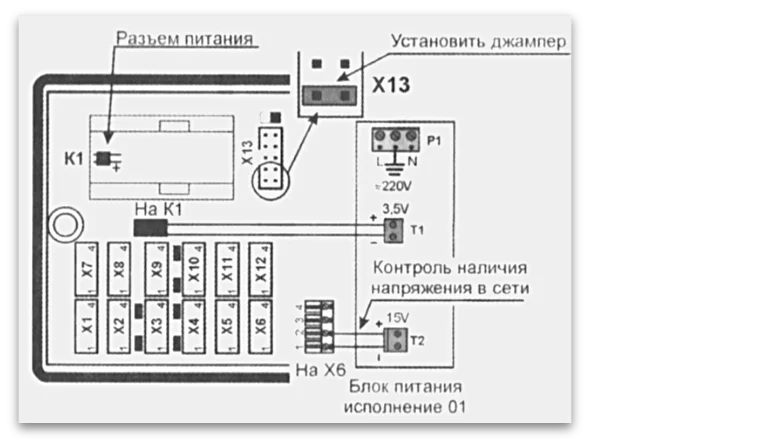 Схема 3. Подключение блока сетевого питания ВКТ-7 (исполнение 02)