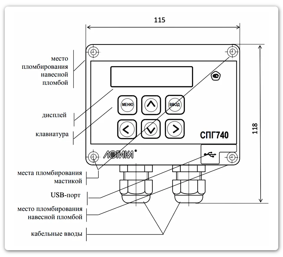 Габаритные размеры и схема обозначений корректора газа СПГ 740 Логика