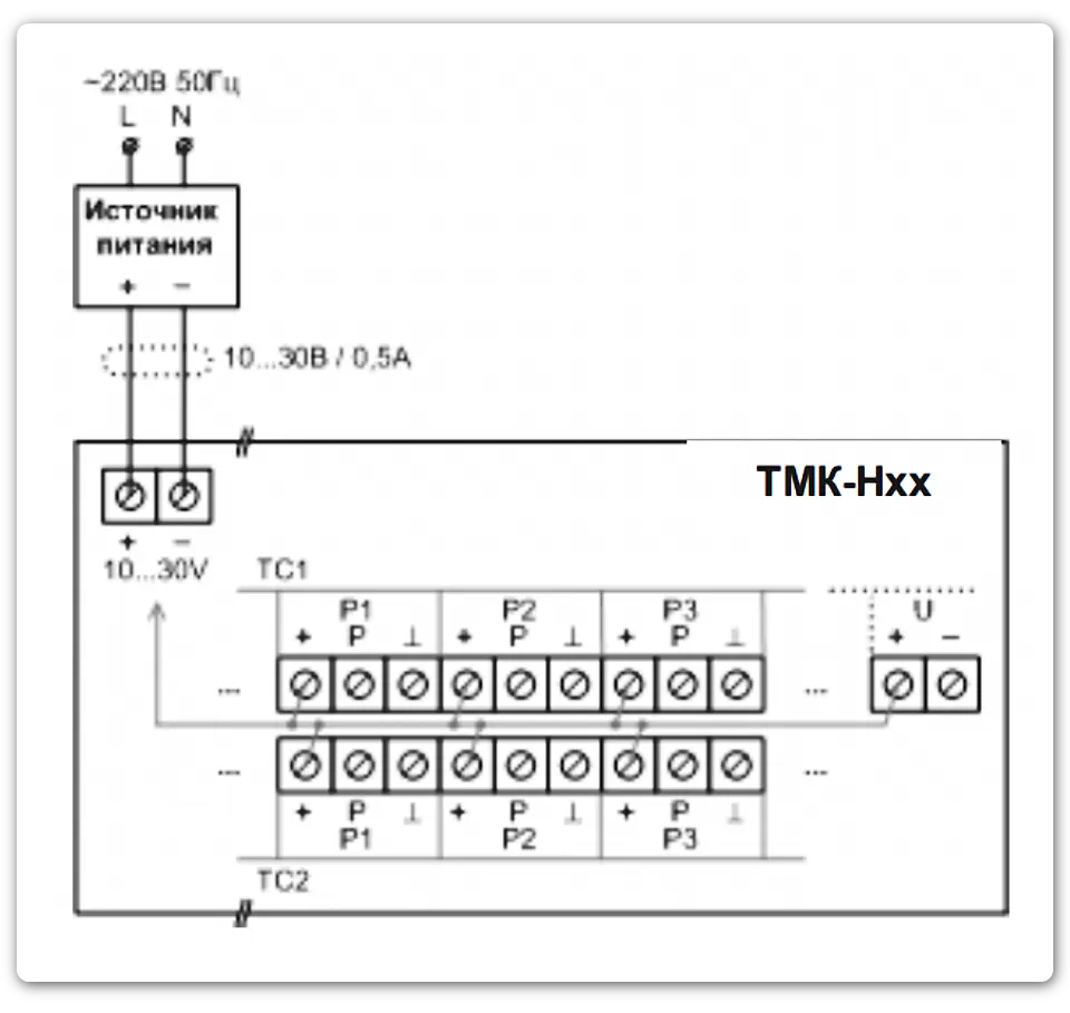 Схема подключения внешнего источника электропитания вычислителей ТМК-Н60 и ТМК-Н90  (Промприбор)
