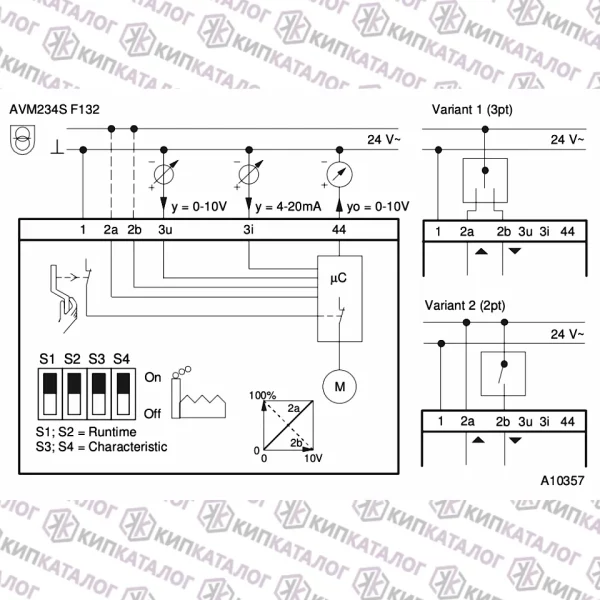 Электрическая схема AVM234SF132, 24V, 40/80/120 сек, 20мм, 2500Н, SAUTER