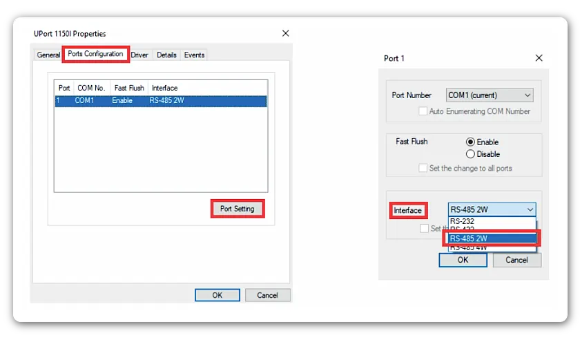 настройки RS 485 преобразователя MOXA Uport 1150I в ОС Windows